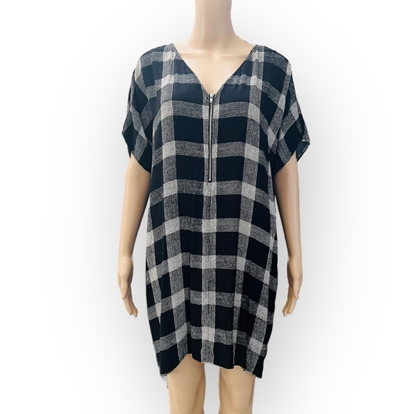 Madewell Zip Front V-Neck Oversized Black White Plaid Shift Dress   Size Medium - Picture 3 of 12